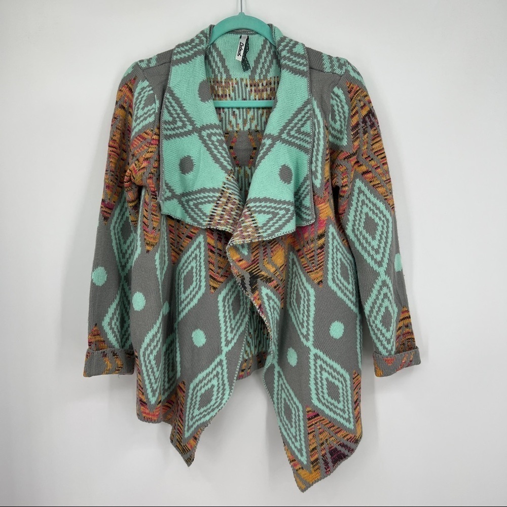 Petrol Aztec Southwest Bohemian Western Draped Multi Cardigan Sweater - Picture 2 of 10
